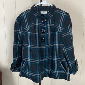 Turquoise, grey and black crop dress coat by studio works. Size Large.